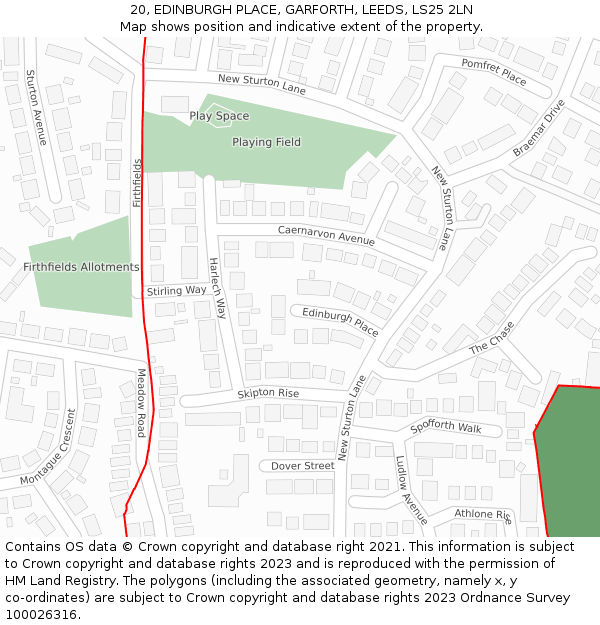 20, EDINBURGH PLACE, GARFORTH, LEEDS, LS25 2LN: Location map and indicative extent of plot