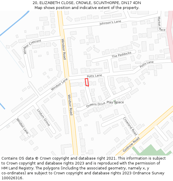 20, ELIZABETH CLOSE, CROWLE, SCUNTHORPE, DN17 4DN: Location map and indicative extent of plot