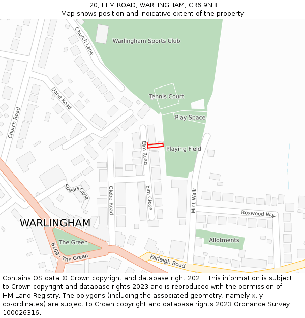 20, ELM ROAD, WARLINGHAM, CR6 9NB: Location map and indicative extent of plot