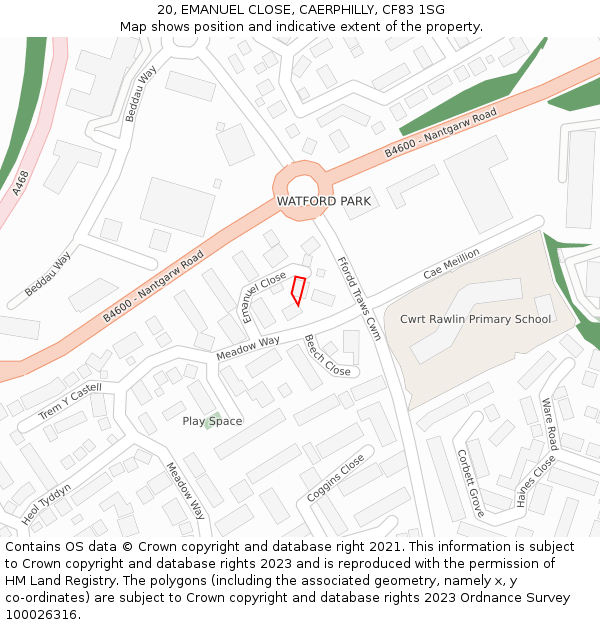 20, EMANUEL CLOSE, CAERPHILLY, CF83 1SG: Location map and indicative extent of plot