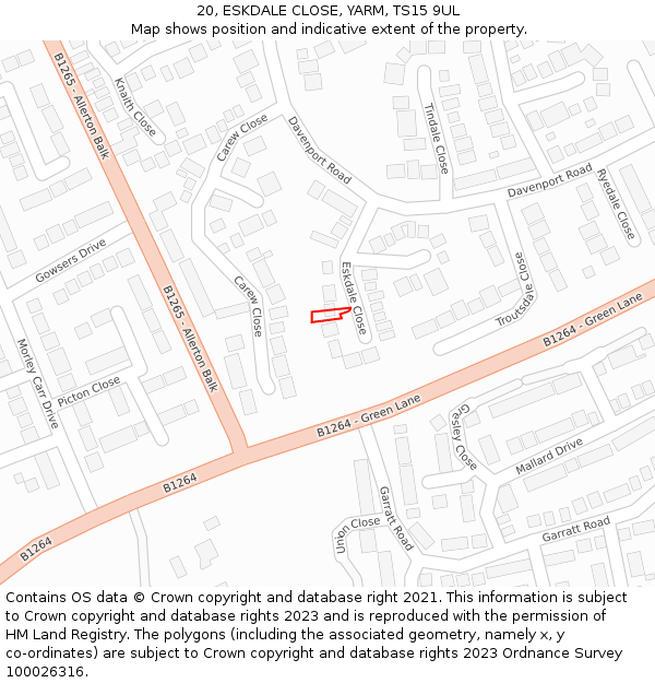 20, ESKDALE CLOSE, YARM, TS15 9UL: Location map and indicative extent of plot