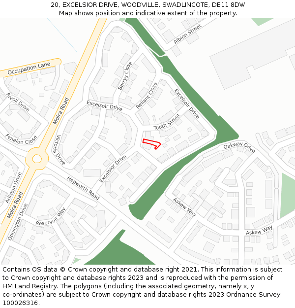 20, EXCELSIOR DRIVE, WOODVILLE, SWADLINCOTE, DE11 8DW: Location map and indicative extent of plot