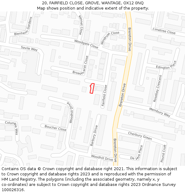 20, FAIRFIELD CLOSE, GROVE, WANTAGE, OX12 0NQ: Location map and indicative extent of plot