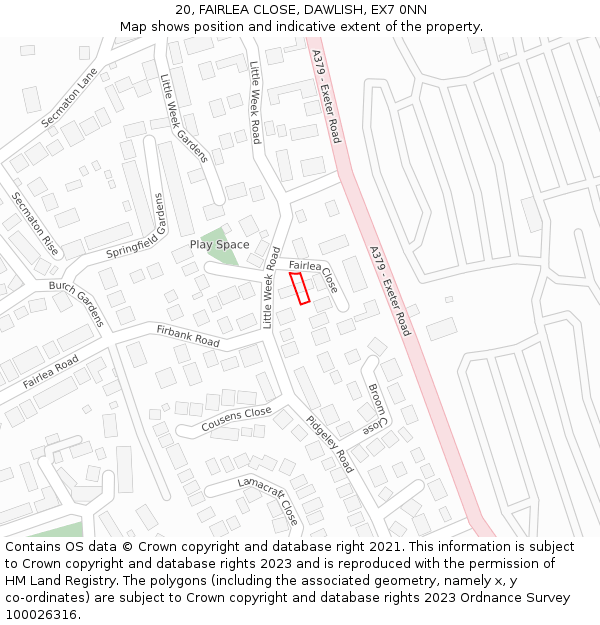 20, FAIRLEA CLOSE, DAWLISH, EX7 0NN: Location map and indicative extent of plot