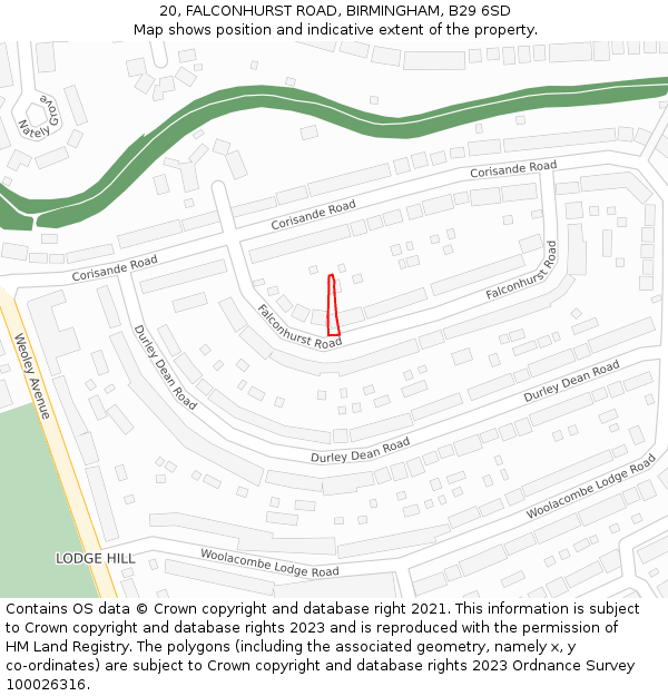 20, FALCONHURST ROAD, BIRMINGHAM, B29 6SD: Location map and indicative extent of plot