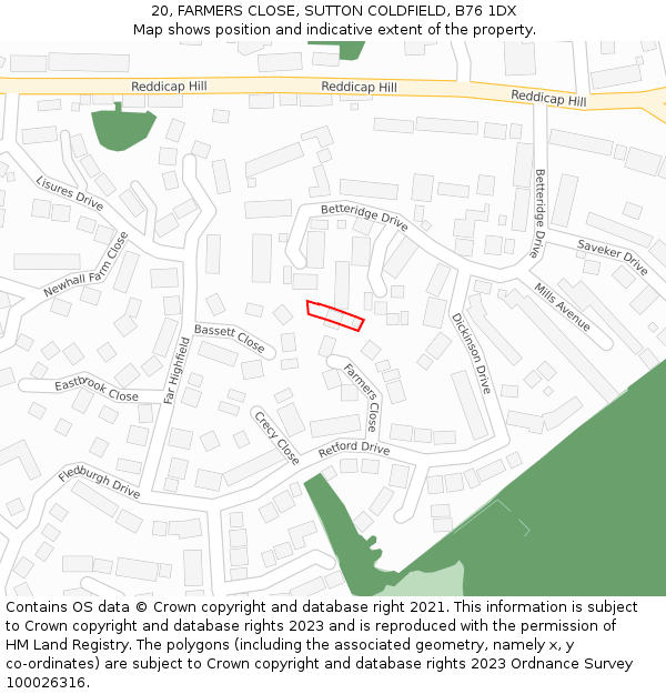 20, FARMERS CLOSE, SUTTON COLDFIELD, B76 1DX: Location map and indicative extent of plot