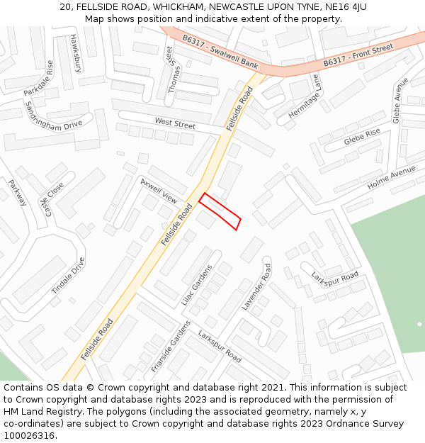 20, FELLSIDE ROAD, WHICKHAM, NEWCASTLE UPON TYNE, NE16 4JU: Location map and indicative extent of plot