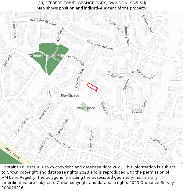 20, FERRERS DRIVE, GRANGE PARK, SWINDON, SN5 6HJ: Location map and indicative extent of plot