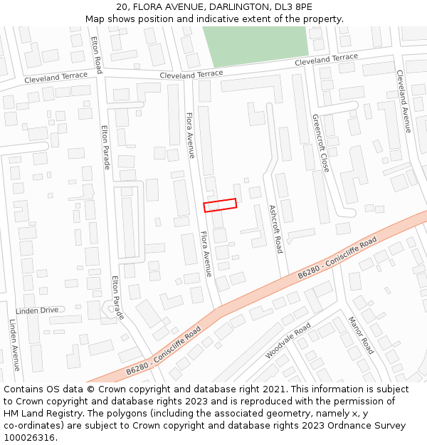 20, FLORA AVENUE, DARLINGTON, DL3 8PE: Location map and indicative extent of plot