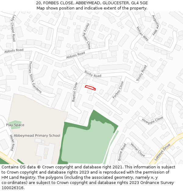 20, FORBES CLOSE, ABBEYMEAD, GLOUCESTER, GL4 5GE: Location map and indicative extent of plot