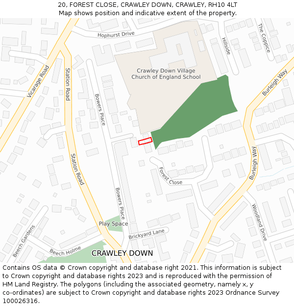 20, FOREST CLOSE, CRAWLEY DOWN, CRAWLEY, RH10 4LT: Location map and indicative extent of plot
