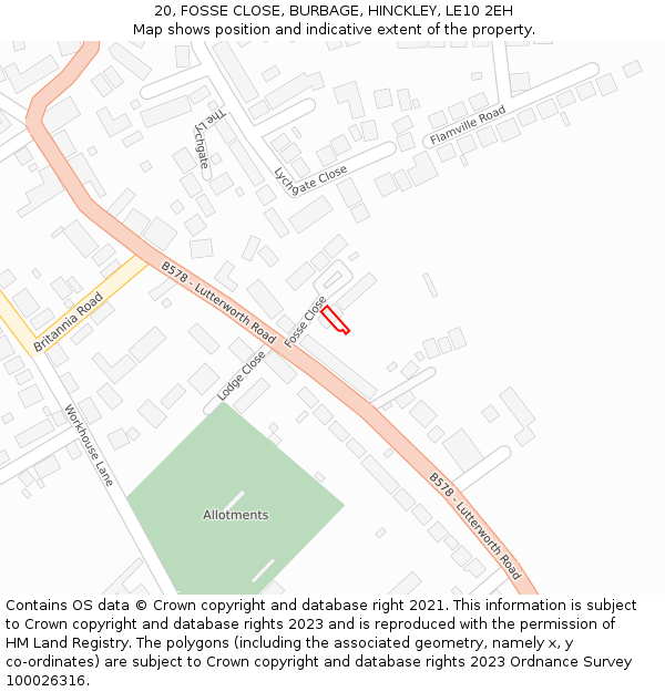 20, FOSSE CLOSE, BURBAGE, HINCKLEY, LE10 2EH: Location map and indicative extent of plot