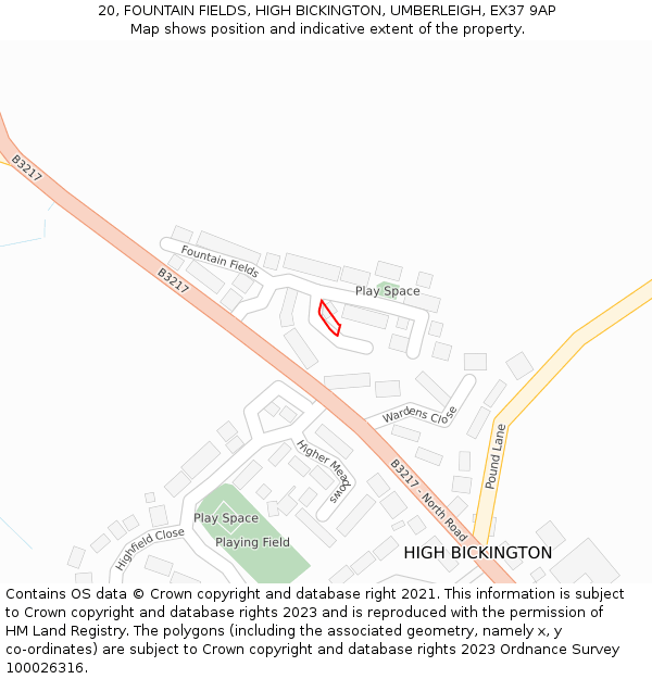 20, FOUNTAIN FIELDS, HIGH BICKINGTON, UMBERLEIGH, EX37 9AP: Location map and indicative extent of plot