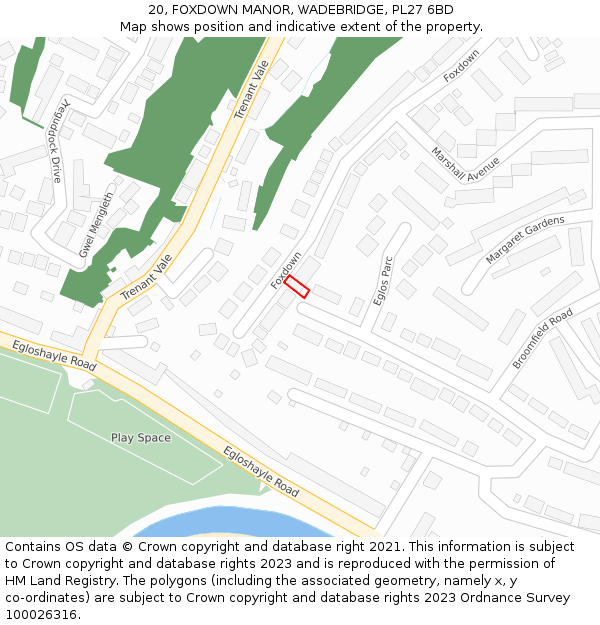 20, FOXDOWN MANOR, WADEBRIDGE, PL27 6BD: Location map and indicative extent of plot