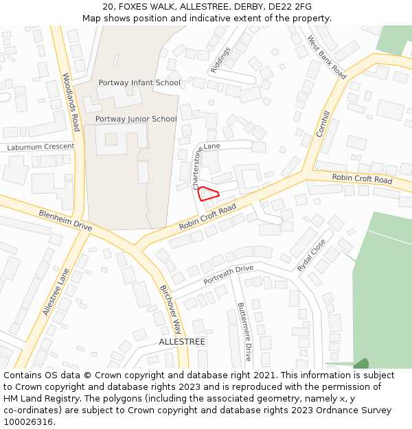 20, FOXES WALK, ALLESTREE, DERBY, DE22 2FG: Location map and indicative extent of plot