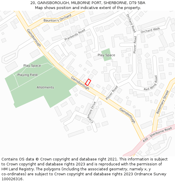 20, GAINSBOROUGH, MILBORNE PORT, SHERBORNE, DT9 5BA: Location map and indicative extent of plot