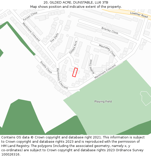 20, GILDED ACRE, DUNSTABLE, LU6 3TB: Location map and indicative extent of plot