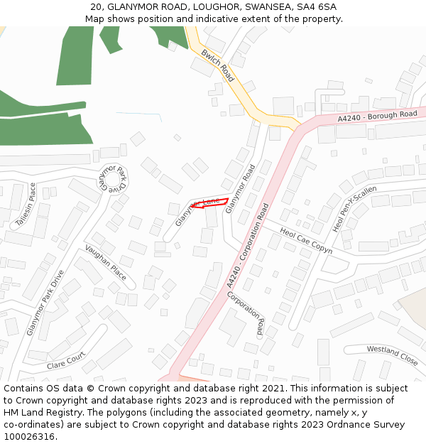 20, GLANYMOR ROAD, LOUGHOR, SWANSEA, SA4 6SA: Location map and indicative extent of plot