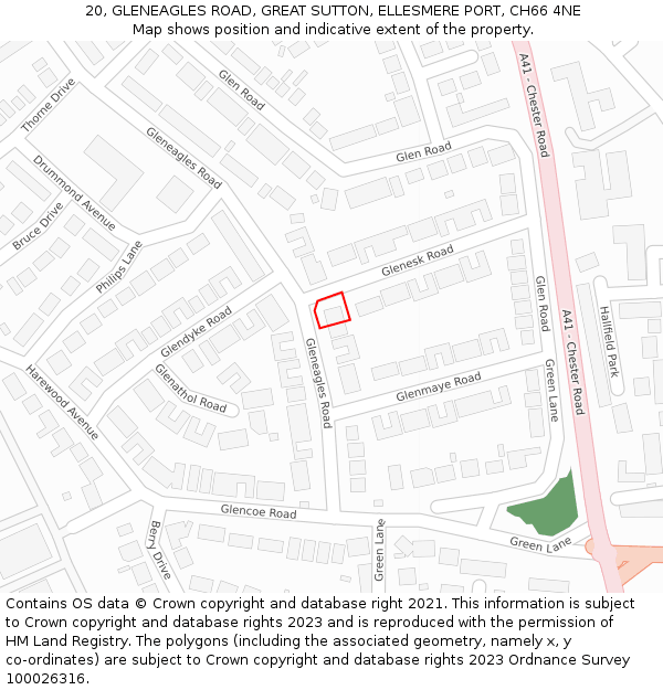 20, GLENEAGLES ROAD, GREAT SUTTON, ELLESMERE PORT, CH66 4NE: Location map and indicative extent of plot