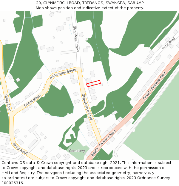 20, GLYNMEIRCH ROAD, TREBANOS, SWANSEA, SA8 4AP: Location map and indicative extent of plot