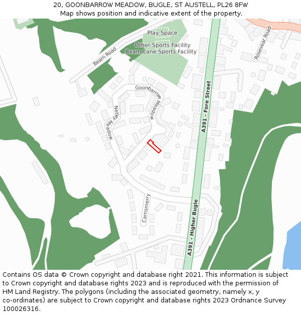 20, GOONBARROW MEADOW, BUGLE, ST AUSTELL, PL26 8FW: Location map and indicative extent of plot