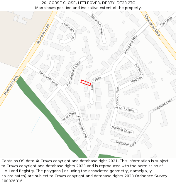 20, GORSE CLOSE, LITTLEOVER, DERBY, DE23 2TG: Location map and indicative extent of plot
