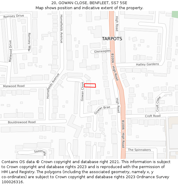 20, GOWAN CLOSE, BENFLEET, SS7 5SE: Location map and indicative extent of plot