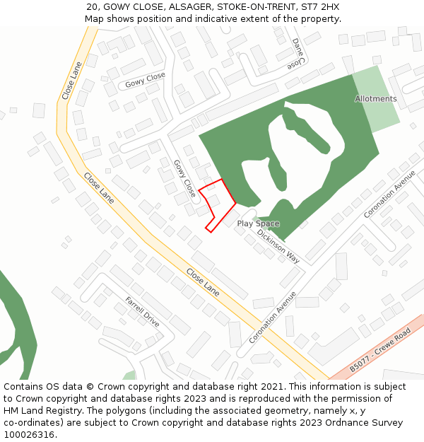 20, GOWY CLOSE, ALSAGER, STOKE-ON-TRENT, ST7 2HX: Location map and indicative extent of plot