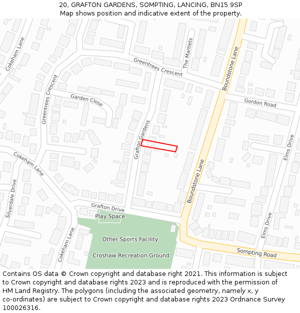 20, GRAFTON GARDENS, SOMPTING, LANCING, BN15 9SP: Location map and indicative extent of plot