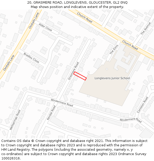 20, GRASMERE ROAD, LONGLEVENS, GLOUCESTER, GL2 0NQ: Location map and indicative extent of plot