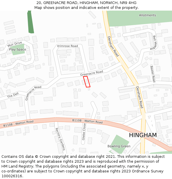 20, GREENACRE ROAD, HINGHAM, NORWICH, NR9 4HG: Location map and indicative extent of plot