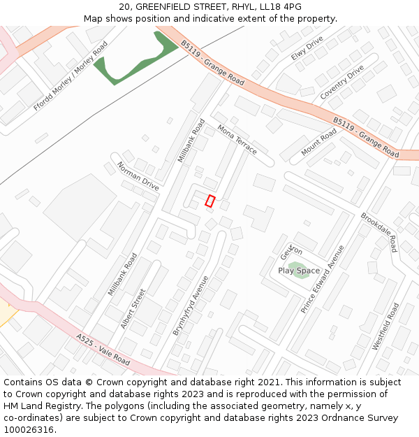 20, GREENFIELD STREET, RHYL, LL18 4PG: Location map and indicative extent of plot