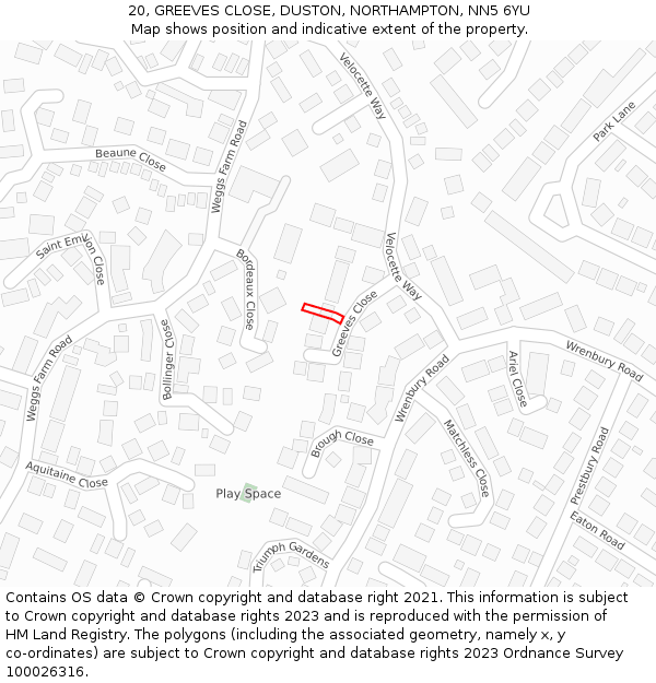20, GREEVES CLOSE, DUSTON, NORTHAMPTON, NN5 6YU: Location map and indicative extent of plot