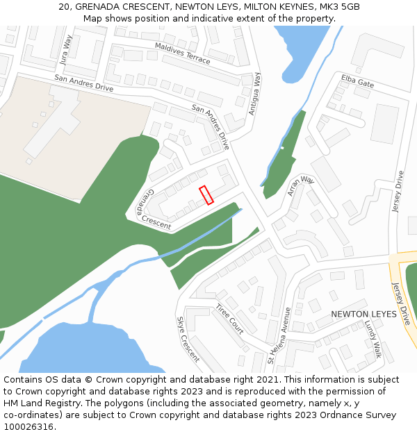 20, GRENADA CRESCENT, NEWTON LEYS, MILTON KEYNES, MK3 5GB: Location map and indicative extent of plot