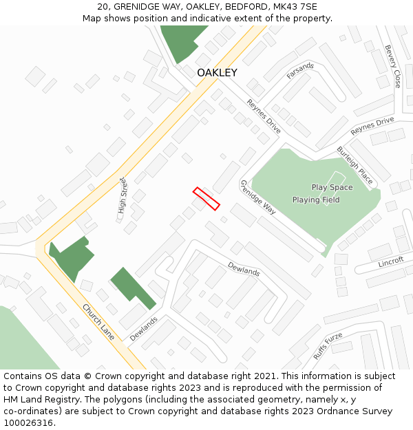 20, GRENIDGE WAY, OAKLEY, BEDFORD, MK43 7SE: Location map and indicative extent of plot