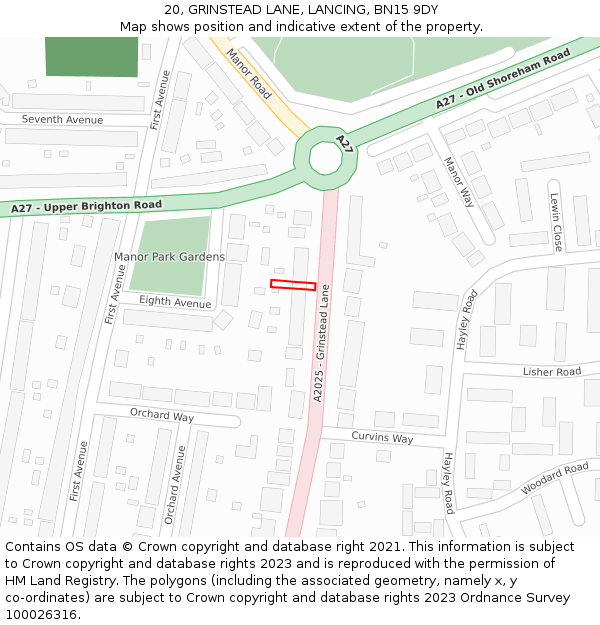 20, GRINSTEAD LANE, LANCING, BN15 9DY: Location map and indicative extent of plot