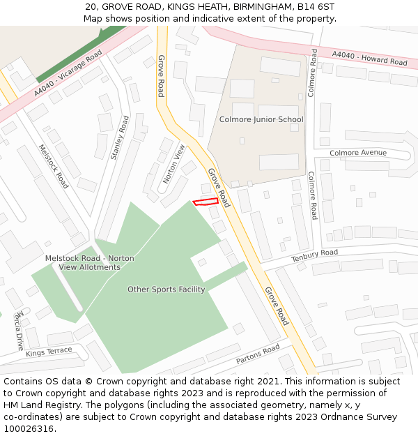 20, GROVE ROAD, KINGS HEATH, BIRMINGHAM, B14 6ST: Location map and indicative extent of plot