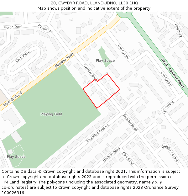 20, GWYDYR ROAD, LLANDUDNO, LL30 1HQ: Location map and indicative extent of plot