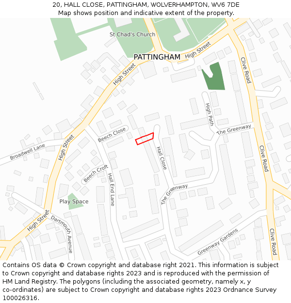 20, HALL CLOSE, PATTINGHAM, WOLVERHAMPTON, WV6 7DE: Location map and indicative extent of plot