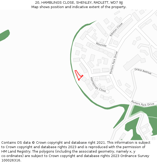 20, HAMBLINGS CLOSE, SHENLEY, RADLETT, WD7 9JJ: Location map and indicative extent of plot