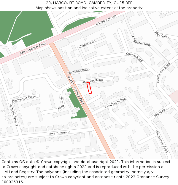 20, HARCOURT ROAD, CAMBERLEY, GU15 3EP: Location map and indicative extent of plot