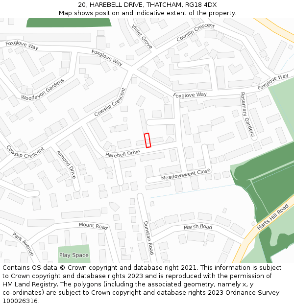 20, HAREBELL DRIVE, THATCHAM, RG18 4DX: Location map and indicative extent of plot