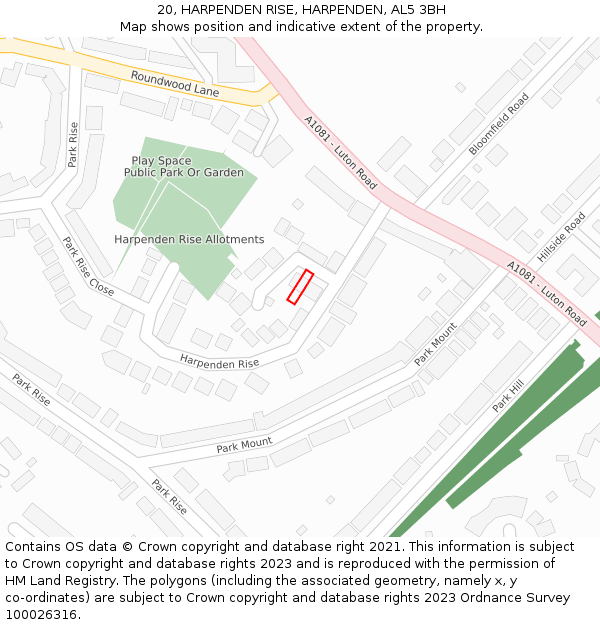 20, HARPENDEN RISE, HARPENDEN, AL5 3BH: Location map and indicative extent of plot