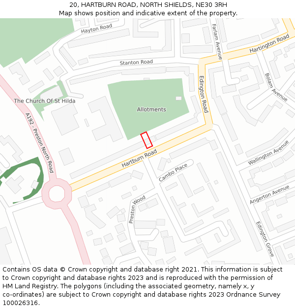 20, HARTBURN ROAD, NORTH SHIELDS, NE30 3RH: Location map and indicative extent of plot