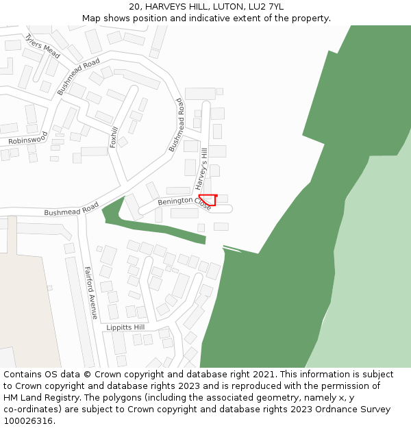 20, HARVEYS HILL, LUTON, LU2 7YL: Location map and indicative extent of plot