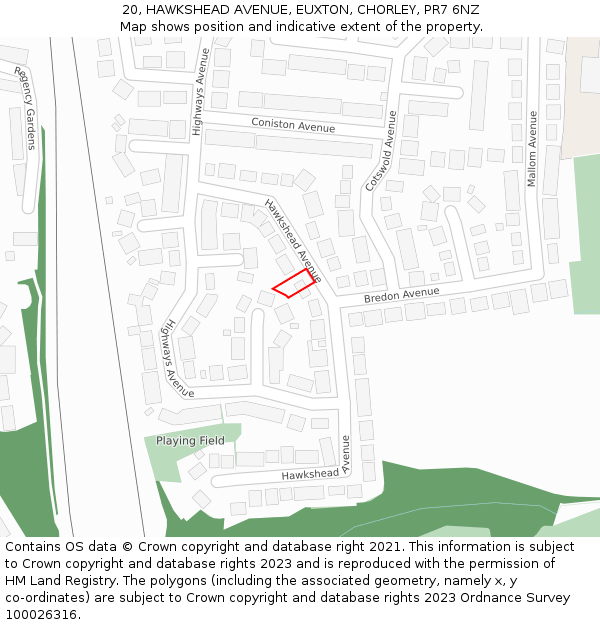 20, HAWKSHEAD AVENUE, EUXTON, CHORLEY, PR7 6NZ: Location map and indicative extent of plot