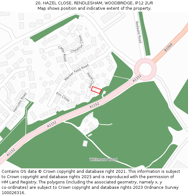 20, HAZEL CLOSE, RENDLESHAM, WOODBRIDGE, IP12 2UR: Location map and indicative extent of plot