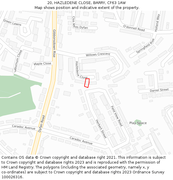 20, HAZLEDENE CLOSE, BARRY, CF63 1AW: Location map and indicative extent of plot