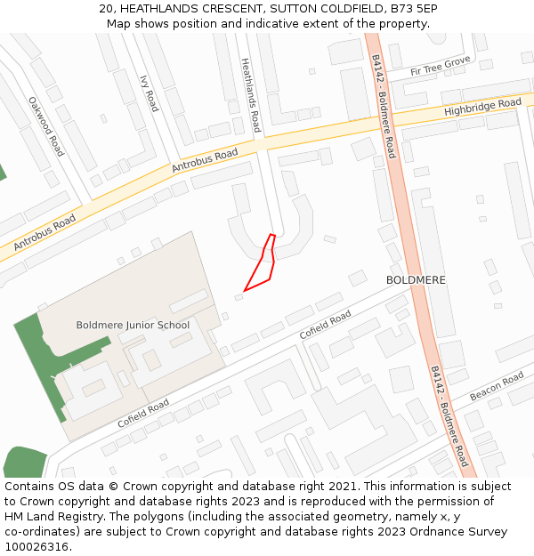 20, HEATHLANDS CRESCENT, SUTTON COLDFIELD, B73 5EP: Location map and indicative extent of plot