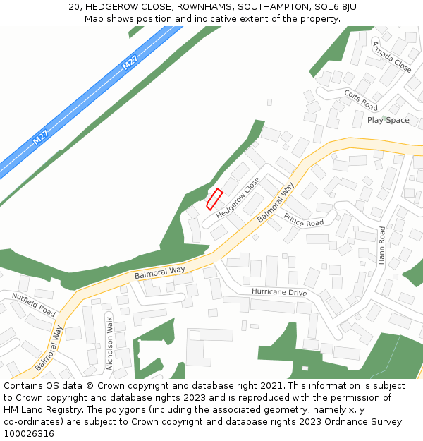 20, HEDGEROW CLOSE, ROWNHAMS, SOUTHAMPTON, SO16 8JU: Location map and indicative extent of plot